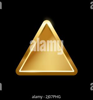 Gold triangle button with frame vector illustration. 3d golden glossy elegant design for empty emblem, medal or badge, shiny and gradient light effect Stock Vector