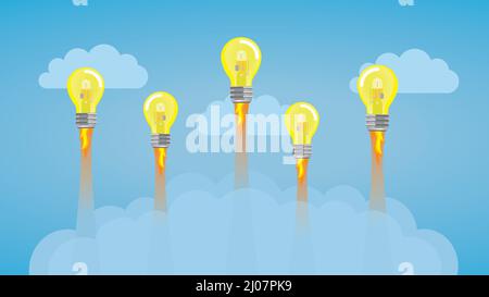 Ideas flying as light bulb rockets. Dimension 16:9. Vector illustration. Stock Vector