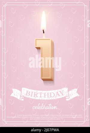 1st year, first anniversary event celebration, birthday greeting card for baby vector illustration. 3d 1 number candle with flame for cake or cupcake, Stock Vector