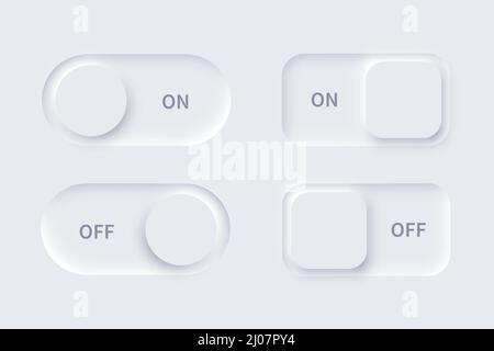 Neumorphism UI, on and off buttons set vector illustration. Neumorphic soft white 3d slider bars, active unlock and lock power badges, user interface Stock Vector