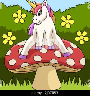 Unicorn Sitting On A Mushroom Colored Cartoon  Stock Vector