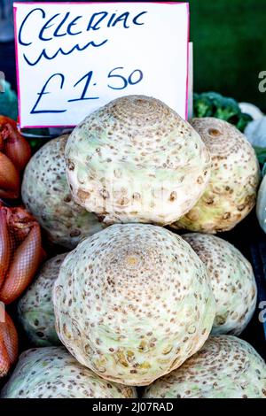 Epsom Surrey London UK, March 17 2022, Pile of Stack Or Raw Uncooked Celeriac Vegetables With No People Stock Photo