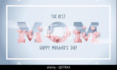 mother's day banner in blue with the word MOM flying out of the heart Stock Vector