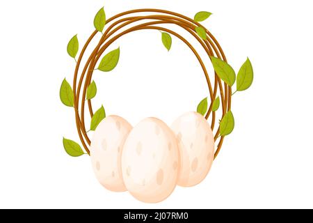 Frame from wood branch with leaves with eggs, Easter spring garland from sticks, cute decoration in cartoon style isolated on white background. . Vector illustration Stock Vector