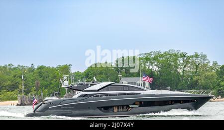 Riva motor yacht indiscretion underway off the coast of Shelter Island, NY Stock Photo