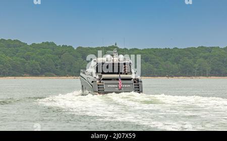 Riva motor yacht Indiscretion underway off the coast of Shelter Island, NY Stock Photo