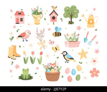 Spring elements collection - cute birds, bees, flowers, butterflies. Easter eggs. Hand drawn flat cartoon elements. Vector illustration Stock Vector