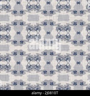 Farmhouse blue butterfly linen seamless pattern. Tonal french country cottage style farm animal background. Simple vintage rustic fabric textile Stock Photo