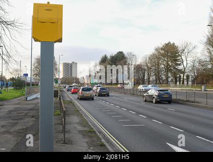 Image set,  Speed camera on A35 Millbrook Southampton different views showing layout and covering by large road sign. Stock Photo