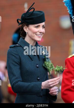 The Duchess of Cambridge presents the traditional sprigs of shamrock to officers and guardsmen as she attends the 1st Battalion Irish Guards for the St Patrick's Day Parade, at Mons Barracks in Aldershot. Picture date: Thursday March 17, 2022. Stock Photo
