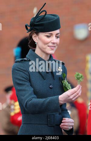 The Duchess of Cambridge presents the traditional sprigs of shamrock to officers and guardsmen as she attends the 1st Battalion Irish Guards for the St Patrick's Day Parade, at Mons Barracks in Aldershot. Picture date: Thursday March 17, 2022. Stock Photo