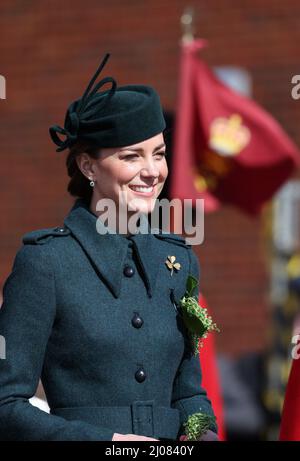 The Duchess of Cambridge attending the 1st Battalion Irish Guards for the St Patrick's Day Parade, at Mons Barracks in Aldershot. Picture date: Thursday March 17, 2022. Stock Photo