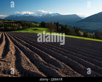 Overview on the Sarnonico and Cavareno plateau, Valle di Non valley, overlooking the Brenta Dolomites, Trentino, Italy, Europe Stock Photo