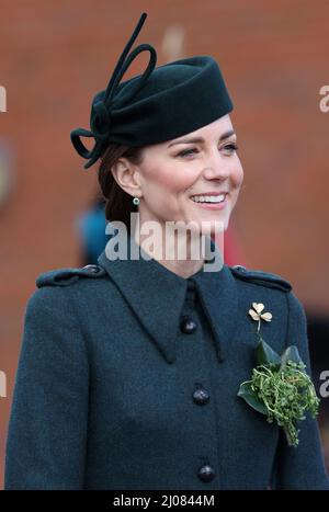 The Duchess of Cambridge attending the 1st Battalion Irish Guards for the St Patrick's Day Parade, at Mons Barracks in Aldershot. Picture date: Thursday March 17, 2022. Stock Photo