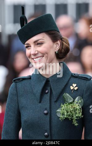 The Duchess of Cambridge attending the 1st Battalion Irish Guards for the St Patrick's Day Parade, at Mons Barracks in Aldershot. Picture date: Thursday March 17, 2022. Stock Photo