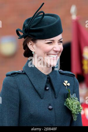 The Duchess of Cambridge attending the 1st Battalion Irish Guards for the St Patrick's Day Parade, at Mons Barracks in Aldershot. Picture date: Thursday March 17, 2022. Stock Photo