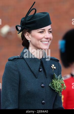 The Duchess of Cambridge attending the 1st Battalion Irish Guards for the St Patrick's Day Parade, at Mons Barracks in Aldershot. Picture date: Thursday March 17, 2022. Stock Photo