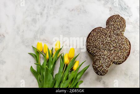 Traditional Italian Easter Cake with chocolate, Colomba di Pasqua or Easter Dove. Stock Photo