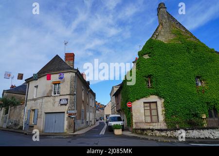 AZAY-LE-RIDEAU, FRANCE -24 JUN 2021- Street view of the village of Azay-le-Rideau, home of a landmark Renaissance castle, with suspended fabric lanter Stock Photo