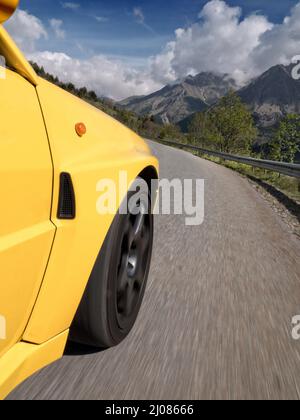 1995 Lancia Delta Integrale Evo II driving on historic Monte Carlo Rally stages and on the Route des Grandes Alpes  France. Stock Photo