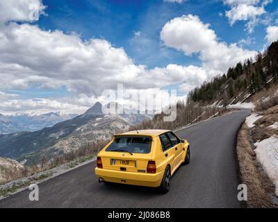 1995 Lancia Delta Integrale Evo II driving on historic Monte Carlo Rally stages and on the Route des Grandes Alpes  France. Stock Photo