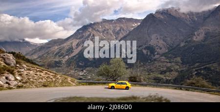 1995 Lancia Delta Integrale Evo II driving on historic Monte Carlo Rally stages and on the Route des Grandes Alpes  France. Stock Photo