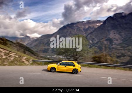 1995 Lancia Delta Integrale Evo II driving on historic Monte Carlo Rally stages and on the Route des Grandes Alpes  France. Stock Photo