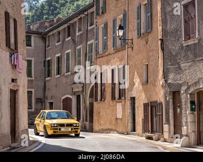 1995 Lancia Delta Integrale Evo II driving on historic Monte Carlo Rally stages and on the Route des Grandes Alpes  France. Stock Photo