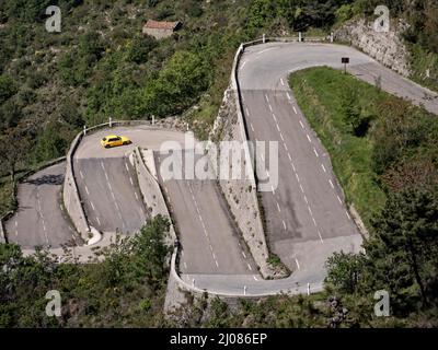 1995 Lancia Delta Integrale Evo II driving on historic Monte Carlo Rally stages and on the Route des Grandes Alpes  France. Stock Photo