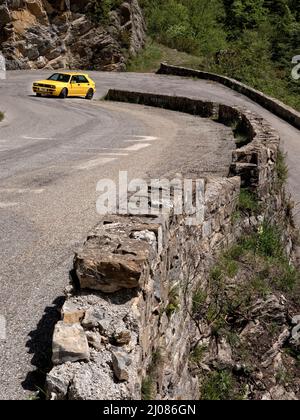 1995 Lancia Delta Integrale Evo II driving on historic Monte Carlo Rally stages and on the Route des Grandes Alpes  France. Stock Photo