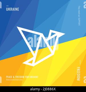 Peace and freedom. Support for Ukraine. Bird fly. Blue yellow abstract backgrounds. Banner template. Vector Stock Vector