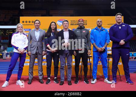 Belgrade, Serbia. 17th Mar, 2022. Britain's Keely Hodgkinson, president of the Athletics Association of Serbia Veselin Jevrosimovic, Serbia's Ivana Spanovic, World Athletics President Sebastian Coe, Canada's Damian Warner, Italy's Marcell Jacobs and Ryan Crouser of the United States (from L to R) pose for photos at the press conference ahead of the World Athletics Indoor Championships Belgrade 2022 in Stark Arena, Belgrade, Serbia, March 17, 2022. Credit: Zheng Huansong/Xinhua/Alamy Live News Stock Photo