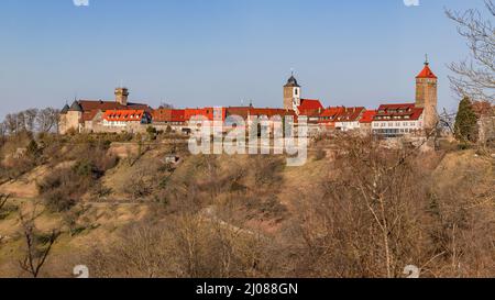 Panoramic view of the romantic old town of Waldenburg in Hohenlohe with a cloudless winter sky, Baden-Wuerttemberg, Germany Stock Photo