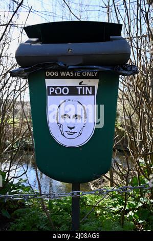 Shoreham, Kent, UK. Dog waste bins in the Kent village of Shoreham, have been renamed Poo Tin after the Russian President Vladimir Putin following his invasion of Ukraine. Credit: michael melia/Alamy Live News Stock Photo