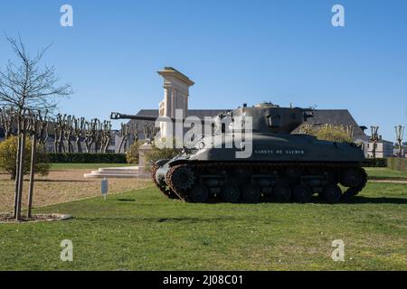 Saumur, France - February 26, 2022: American M10 Tank Destroyer stands in the opposite of the Cavalry School of Saumur in the Centre-Val de Loire. Sun Stock Photo