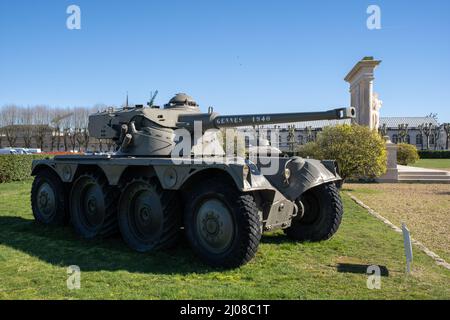 Saumur, France - February 26, 2022: American M10 Tank Destroyer stands in the opposite of the Cavalry School of Saumur in the Centre-Val de Loire. Sun Stock Photo