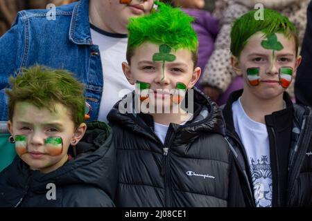 Belfast, UK. 17th Mar, 2022. 17th Thousands of people lined the streets in Belfast City Centre to celebrate St Patricks Day. Credit: Bonzo/Alamy Live News Stock Photo