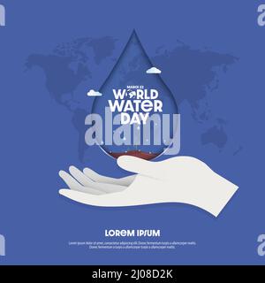 World Water Day design hands save water drop with background of world map. World Water Day poster campaign on March 22nd. Save water. Can be used for Stock Vector