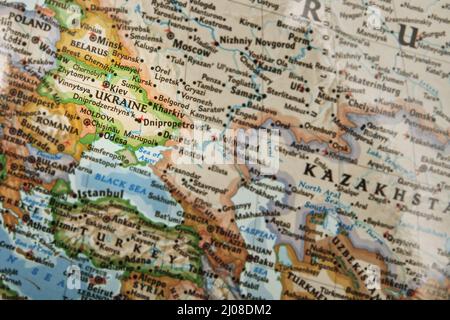Close-up view of the map with focus on Ukraine Stock Photo