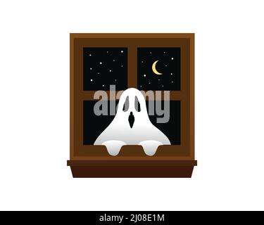 Scary Ghost Flashing within Window Stock Vector