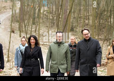 Berlin, Germany. 17th Mar, 2022. (3/17/2022) The Federal Minister of Food and Agriculture, Cem Özdemir, will open the beginning of the third soil survey in forests (BZE), together with the Berlin Senator for the Environment, Mobility, Consumer and Climate Protection, Bettina Jarasch, with a symbolic groundbreaking ceremony. (Photo by Simone Kuhlmey/Pacific Press/Sipa USA) Credit: Sipa USA/Alamy Live News Stock Photo