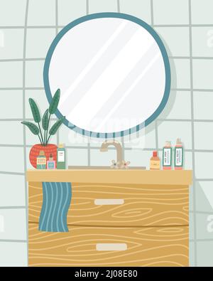 Vector illustration of a cabinet with a sink and a mirror on the wall. Bathroom with care and makeup products. Stock Vector