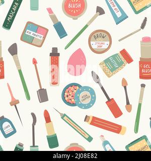 Vector seamless pattern with care and makeup products. Stock Vector