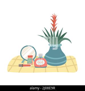 Vector illustration of care and makeup products on a tablecloth. Stock Vector