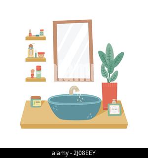 Vector illustration of a cabinet with a sink and a mirror on the wall. Bathroom with care and makeup products. Stock Vector