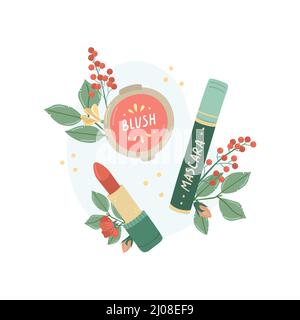 Vector illustration with makeup products and floral decor. Stock Vector