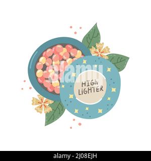 Vector illustration of highlighter and floral decor. Reflective powder. Stock Vector