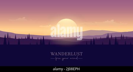 wanderlust purple mountains landscape on beautiful sunset Stock Vector