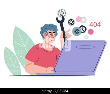 Online technical support of site or mobile app, site software problems diagnostics and repair, flat vector illustration isolated on white background. Stock Vector