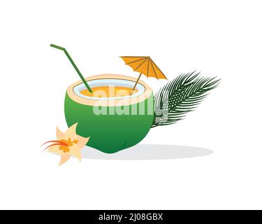 Tropical Cocktail in Coconut with Straw and Umbrella Stock Vector